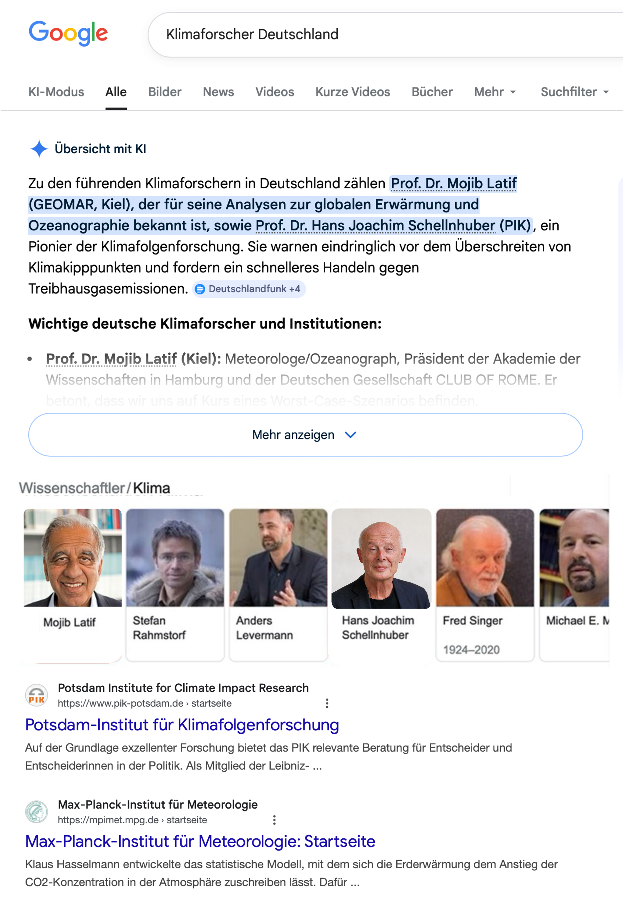 Screenshot: Google-Suche mit KI-Übersicht und markierten Bereichen